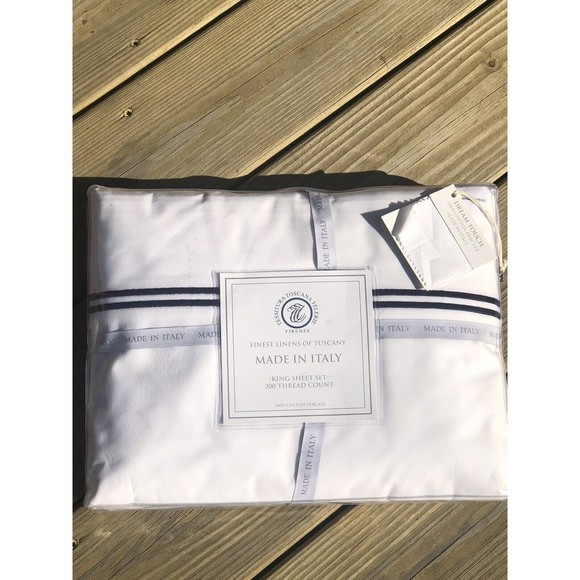 Tessitura Toscana Telerie White/ Navy Double Stitch King Sheet Set Cotton New